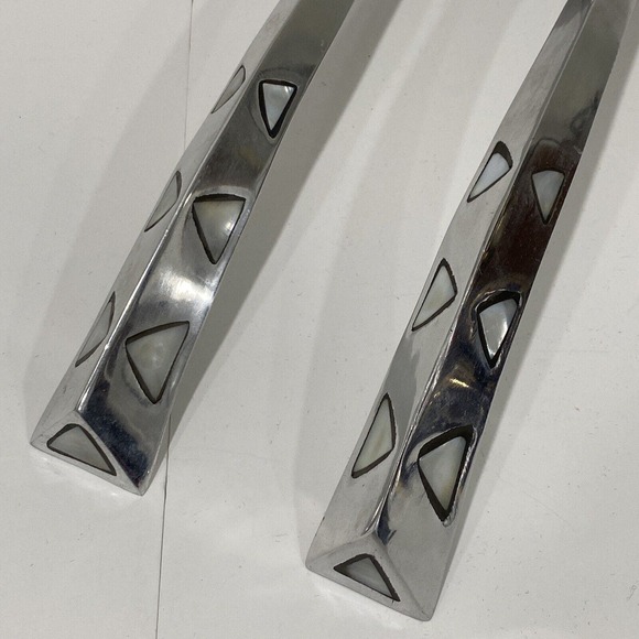 Mod Silver Tone Serving Fork & Spoon Set White Stone Shell Inlay Made in India - Picture 2 of 8